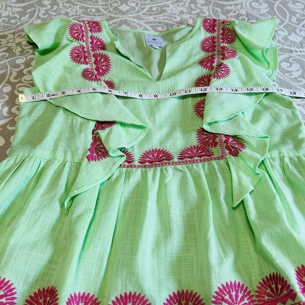 J.Marie Blouse Women S Green Pink Cotton Blend Embroidery Ruffle Boho Resort - Picture 5 of 12